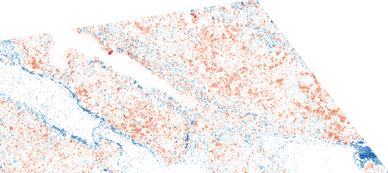 Ground change overlay: red lower, blue higher